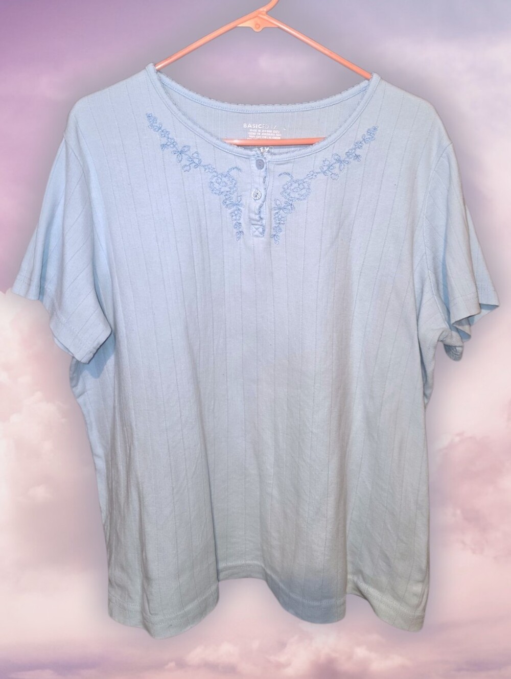 Pre-Owned, Basics Edition Light Blue Embroidered Short Sleeve Top - 1X